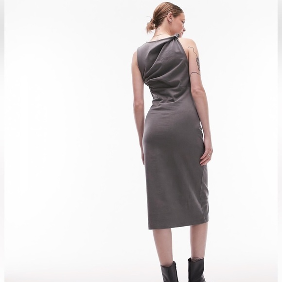Topshop Gray Asymmetrical cutout ruched midi Dress size M - Picture 3 of 15
